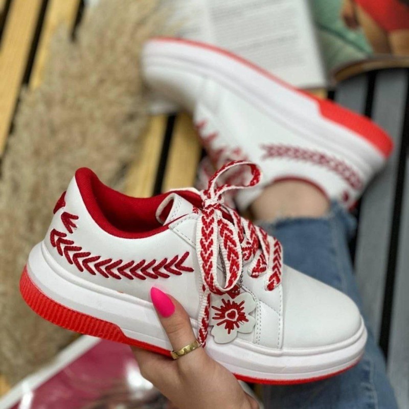 خرید کفش ونس گندمی زنانه رنگ سفید قرمز پاخور شیک زیره پیو با ارسال رایگان