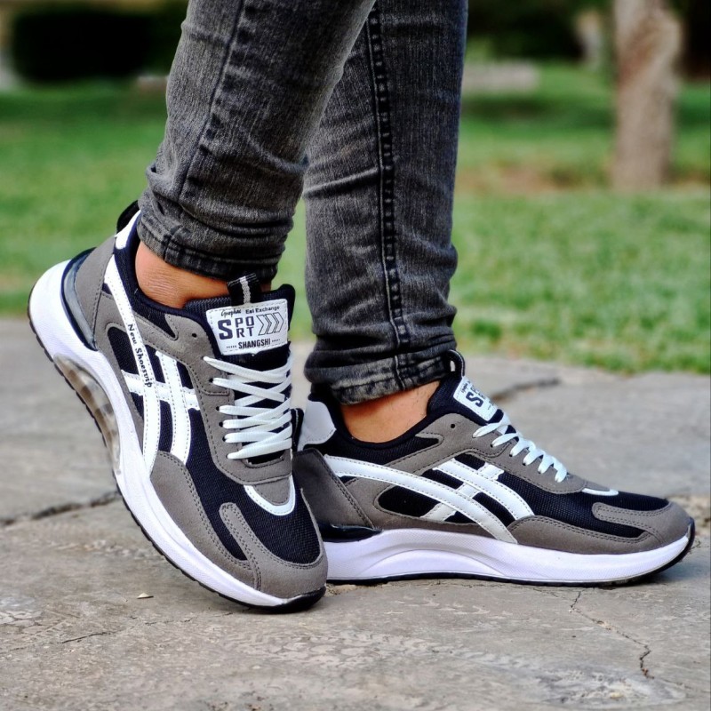 خرید اینترنتی کفش اسپرت مردانه مدل اسیکس رنگ طوسی مشکی پاخور عالی با ارسال رایگان