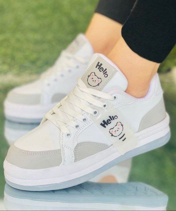 حراج ویژه کفش ونس دخترانه مدل Hello خاص و جذاب سفید طوسی   با ارسال رایگان