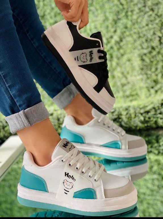 حراج ویژه کفش ونس دخترانه مدل Hello شیک وزیبا سفید ابی   با ارسال رایگان