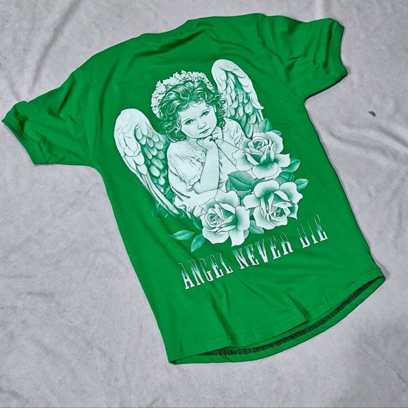 حراج ویژه تیشرت پشت چاپ مچینست مردانه طرح انجل رنگ سبز  ارسال رایگان