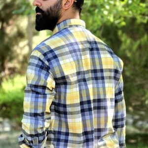 حراج ویژه پیراهن دکمه ای آستین دار مردانه مدل چهارخونه ای بسیار جذاب رنگ آبی زرد با ارسال رایگان