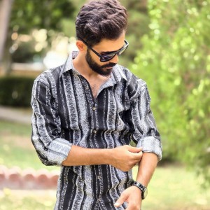 تخفیف عالی  پیراهن دکمه ای آستین دار مردانه  شیک و با لطافت رنگ آبی با ارسال رایگان
