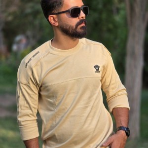 فروش بی نظیر تیشرت آستین دار پاییزه مردانه پسرانه شیک و بادوام رنگ کرم با ارسال رایگان