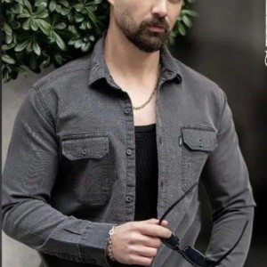 پیراهن دکمه دار مردانه استین دار جنس لی رنگ ذغالی روشن با ارسال رایگان