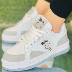 حراج ویژه کفش ونس دخترانه مدل Hello خاص و جذاب سفید طوسی   با ارسال رایگان