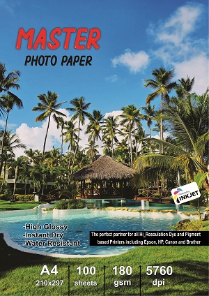 کاغذ فتوگلاسه 180 گرم 100برگی A4 برند master photo