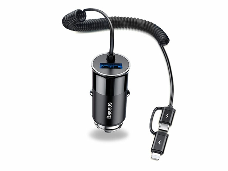 شارژر فندکی فست شارژ ماشین با کابل لایتنینگ و تایپ سی بیسوس Enjoy Together