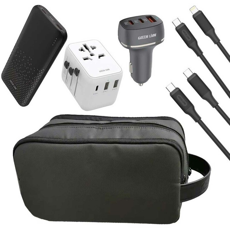 کیف لوازم جانبی مسافرتی همراه با شارژر دیواری، کابل شارژ، شارژر فندکی و پاوربانک گرین GNCTRV6N1BAG