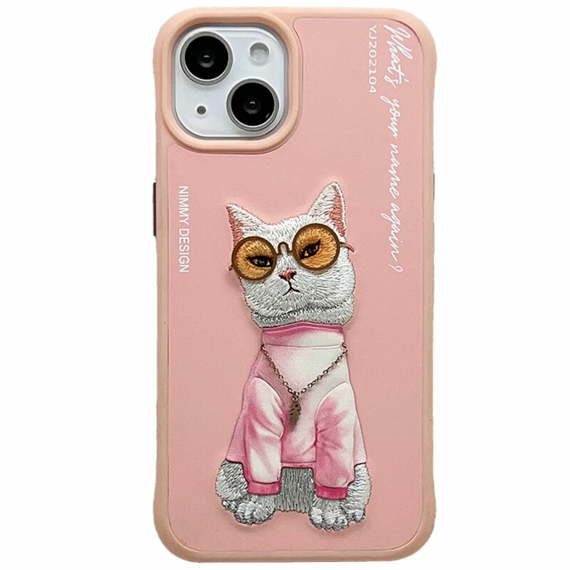 قاب محافظ گوشی آیفون 13 طرح گربه با زنجیر و عینک واقعی نیمی YJ202104