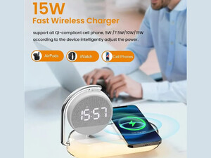 شارژر بی سیم، چراغ خواب و ساعت زنگ‌دار K01T Clock Wireless Charging Night Light 15W Fast Charging Station Dock