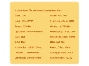 شارژر بی سیم، چراغ خواب و ساعت زنگ‌دار K01T Clock Wireless Charging Night Light 15W Fast Charging Station Dock