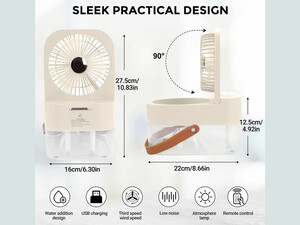 پنکه رومیزی، مرطوب کننده هوا و چراغ خواب رومیزی شارژی Desktop Fan, Night Light 4000mAh, Humidifying Fan 2.5L