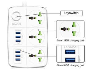 چند راهی 3 سوکت و 6 یو اس بی باوین Bavin 3 Power Socket 6 USB