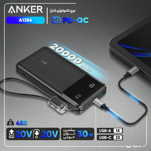 پاوربانک 30 وات انکر مدل A1384 ظرفیت 20000 میلی آمپر ساعت به همراه کابل USB-C