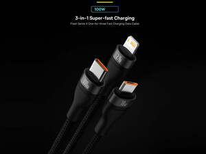 کابل سوپر فست شارژ سه سر یواس‌بی به میکرو، تایپ‎سی و لایتنینگ 1.2 متر بیسوس Baseus Flash Series Ⅱ Cable USB to M+L+C 100W