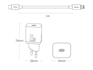 شارژر دیواری فست شارژ بیسوس همراه کابل لایتنینگ Baseus Super Si Quick Charger 1C 20W TZCCSUP-A03