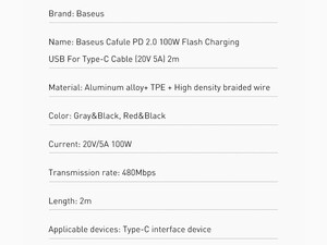 کابل شارژ سریع و انتقال داده تایپ سی به تایپ سی 100 وات 2 متری بیسوس Baseus Cafule PD2.0 100W Type-C to Type-C cable 2m