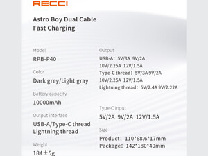 پاور بانک تایپ سی و یو اس بی 22.5 وات 10000 همراه با کابل تایپ سی و لایتنینگ رسی RPB-P40