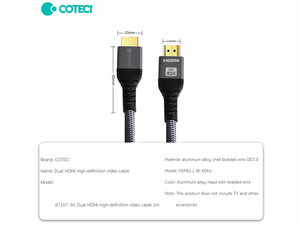 کابل دو سر اچ دی ام آی 3 متری کوتتسی Coteetci dual HDMI video cable 87107