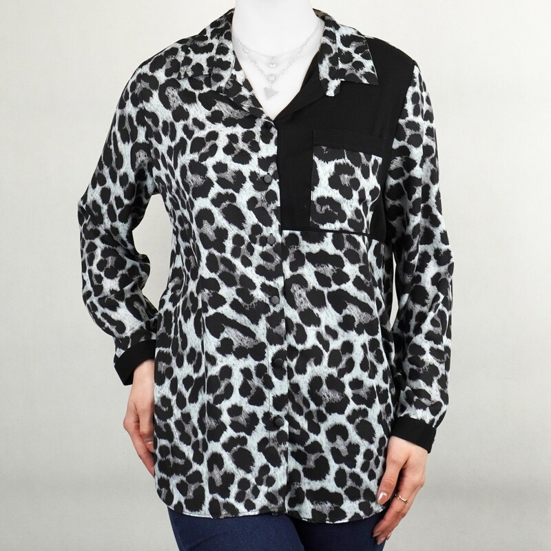 شومیز زنانه پلنگی با جیب نیزل طوسی