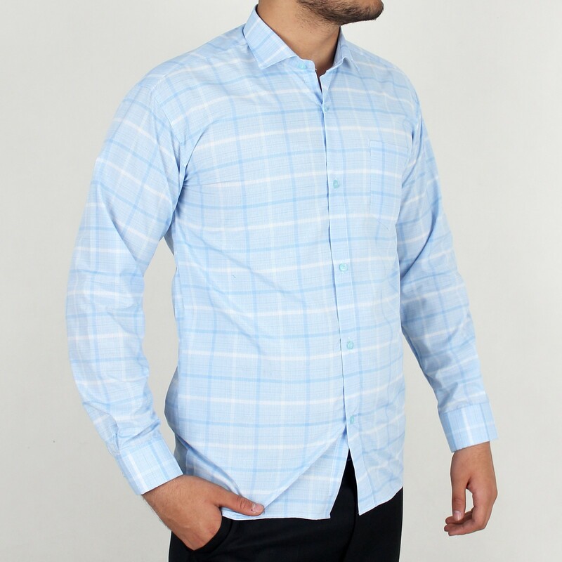 پیراهن مردانه سفیر دو رنگ آبی آسمانی چهار خانه ریز