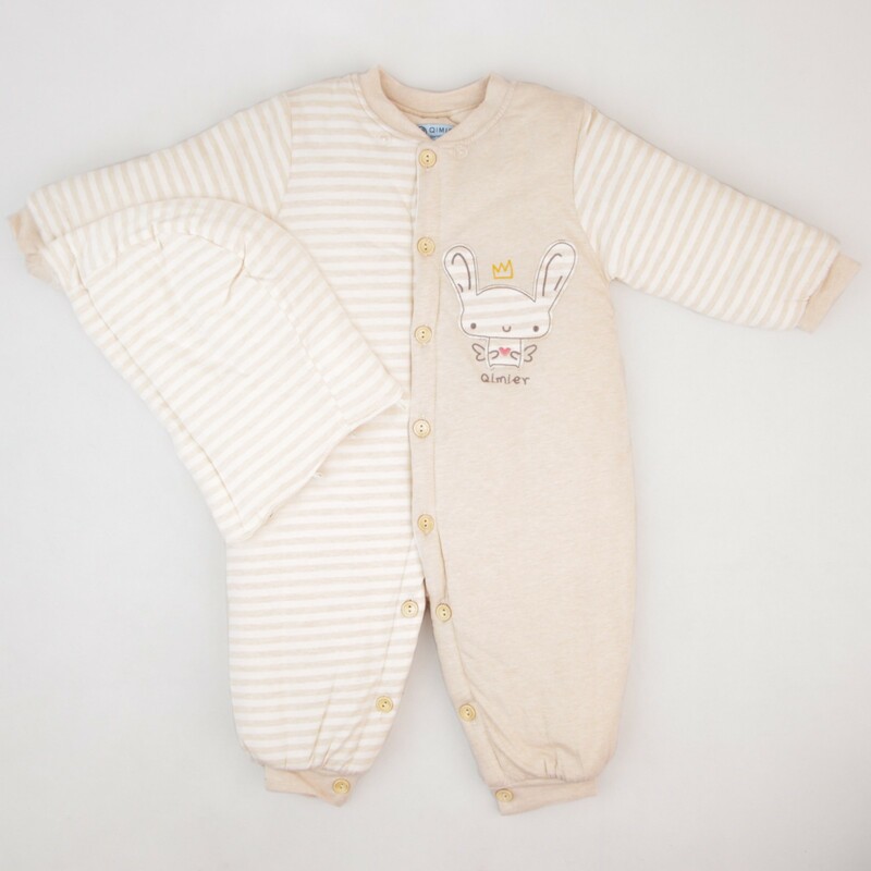 کاپشن سرهمی نوزادی دکمه دار و کلاه دار QIMIER