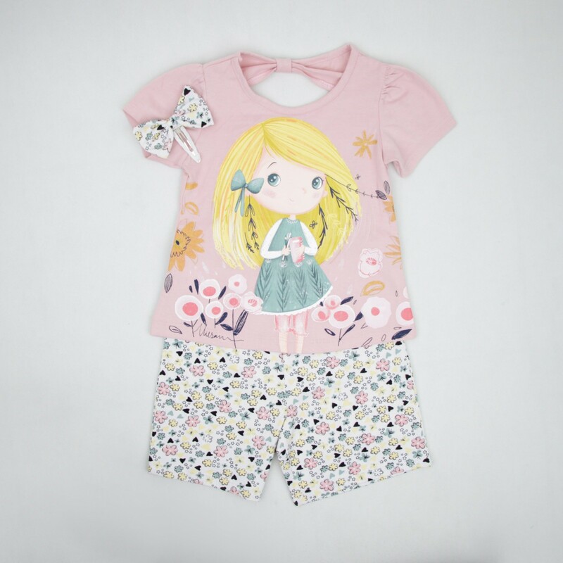 ست دخترانه تیشرت شلوار طرح دختر مداد به دست