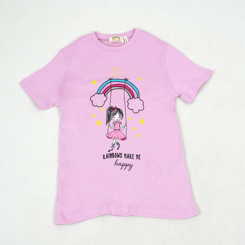 تیشرت دخترانه با طرح تاب و رنگین کمان  برند koton صورتی