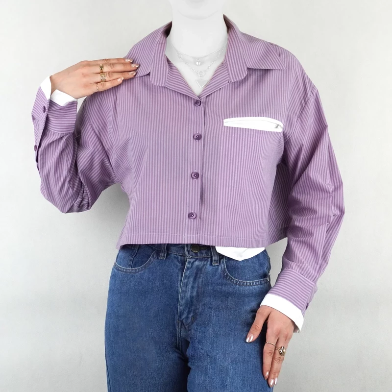 شومیز زنانه جیب دار یقه مردانه راه راه