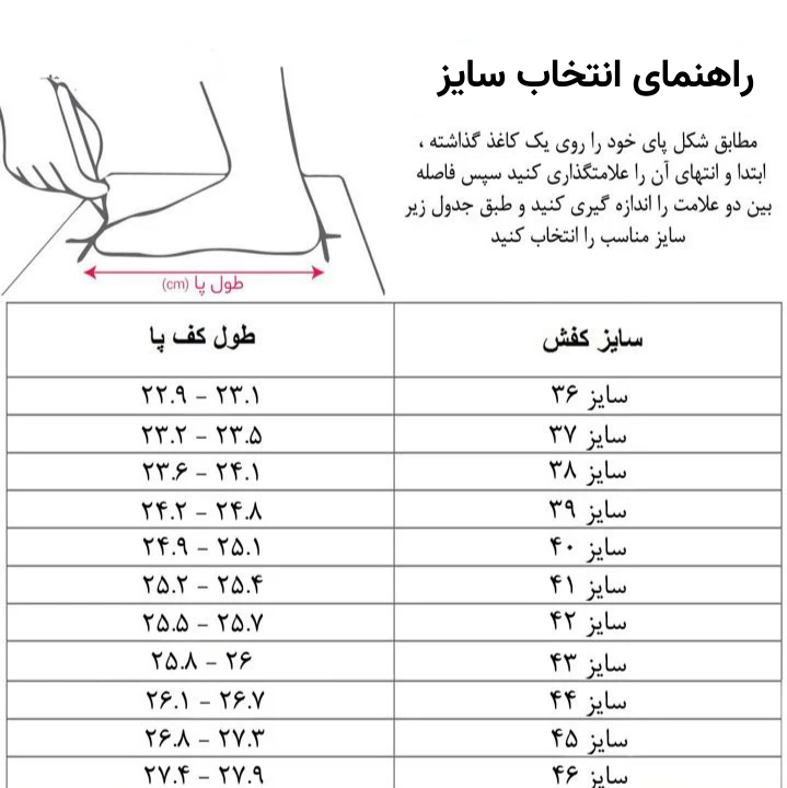 راهنمای انتخاب سایز کفش