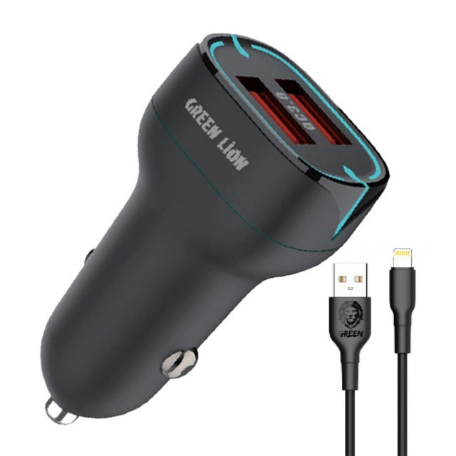 شارژر فندکی Dual Port QC3.0 گرین لاین مدل GN36WQCC2LBK توان 36 وات با کابل لایتنینگ