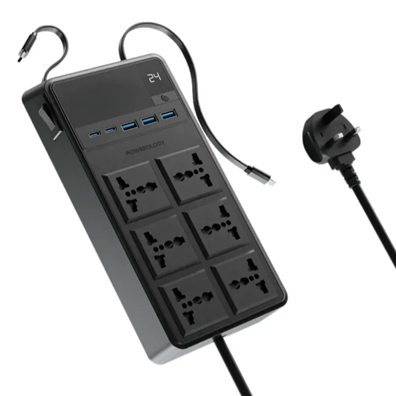 چندراهی برق 6 سوکت و شارژر پاورولوژی مدل PWCUQC030 توان 2500 وات