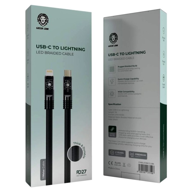 کابل شارژ تایپ سی به لایتنینگ گرین لاین مدل LED Braided طول 1 متر توان 27 وات