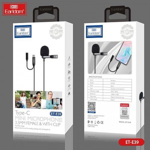 میکروفون یقه ای تایپ سی و جک 3.5 ارلدام مدل E39 طول 2 متر