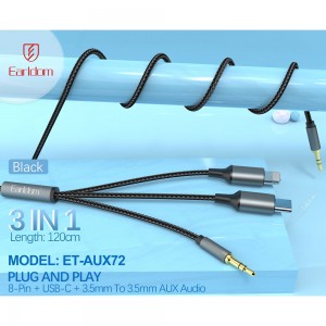 کابل 3 در 1 تایپ سی لایتنینگ و AUX ارلدام مدل AUX72 طول 1.2 متر