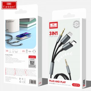 کابل 3 در 1 تایپ سی لایتنینگ و AUX ارلدام مدل AUX72 طول 1.2 متر