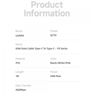 کابل شارژ USB-C به USB-C یوسمز مدل SJ734  طول 1 متر توان 60 وات