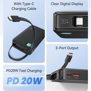 پاوربانک یوسمز مدل CD224 ظرفیت 10000 توان 22.5 وات با کابل متصل