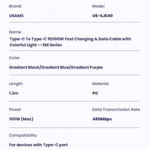 کابل شارژ USB-C به USB-C یوسمز مدل SJ640  طول 1.2 متر توان 100 وات