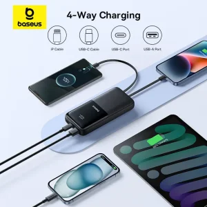 پاوربانک بیسوس مدل Lipow PPJP312 با کابل تایپ سی و لایتنینگ ظرفیت 20000 توان 22.5 وات