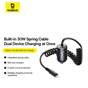 شارژر فندکی بیسوس مدل Tiny Star VCHXX-C-L توان 30 وات با کابل متصل لایتنینگ