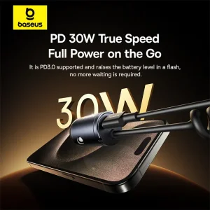 شارژر فندکی بیسوس مدل Tiny Star VCHXX-C-L توان 30 وات با کابل متصل لایتنینگ