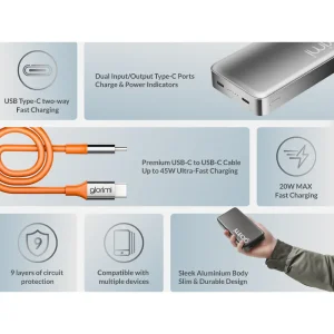 پاوربانک گلوریمی مدل FitCore ظرفیت 20000 میلی آمپر توان 20 وات