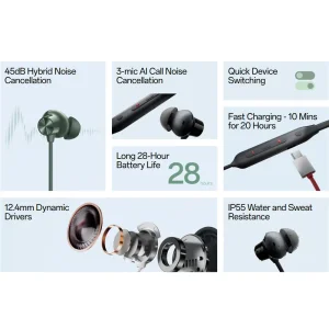 هدفون بلوتوث دورگردنی وان پلاس مدل Bullets Wireless Z2 ANC