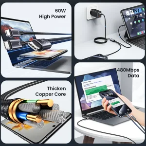 کابل شارژ دو سر یوسمز مدل SJ740 توان 72 وات طول 1.2 متر