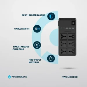 چندراهی برق 6 سوکت و شارژر پاورولوژی مدل PWCUQC030 توان 2500 وات