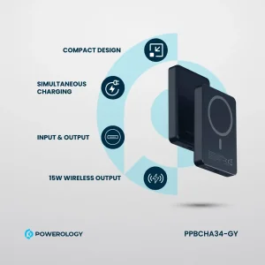 پاوربانک وایرلس مگنتی پاورولوژی مدل PPBCHA34 ظرفیت 10000 میلی آمپر ساعت توان 20 وات