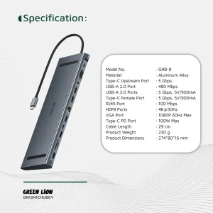 هاب تایپ سی 12 پورت گرین لاین مدل Green Lion GHB-8 GN12N1CHUBGY