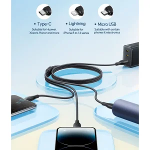 کابل شارژ سه سر بیسوس مدل P10376303121-01 طول 0.8 متر توان 3.5 آمپر